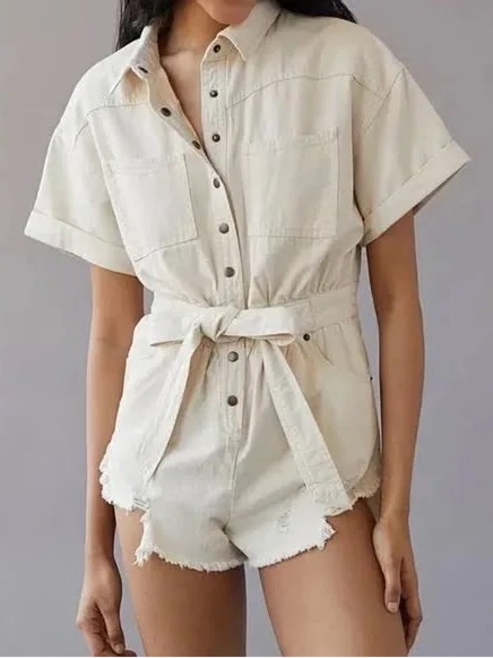 Urban Outfitters BDG Devon Distressed Denim Utility Romper Off White